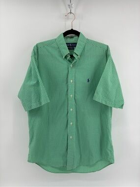 Ralph Lauren Green Gingham Short-Sleeve Button-Down Shirt Blake 100% Cotton